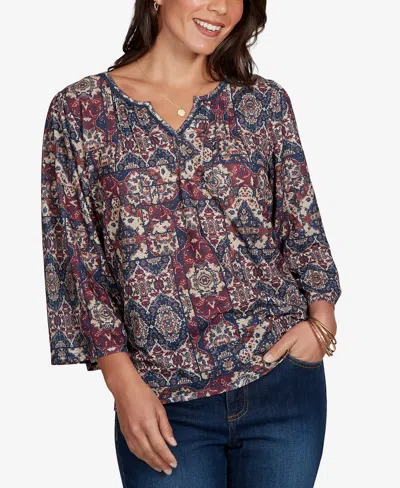 Ruby Rd. Petite Patchwork 3/4-sleeve Henley Blouse In Scarlet Multi
