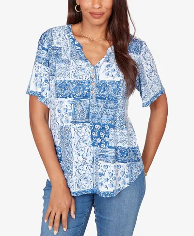 Ruby Rd. Petite Patchwork Bandana Henley T-shirt In Blue