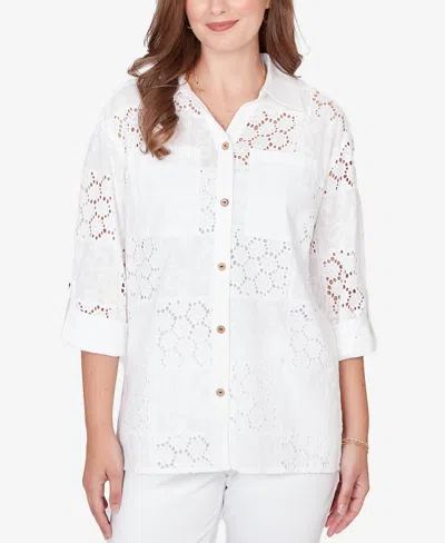 Ruby Rd. Petite Patchwork Eyelet Roll-tab-sleeve Top In White