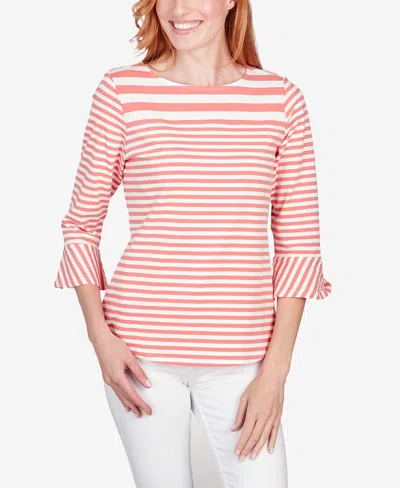 Ruby Rd. Petite Patio Party Striped Jersey Top In Guava Multi