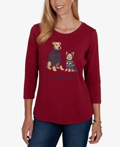 Ruby Rd. Petite Pawsitive Graphic Boat Neck 3/4-sleeve Cotton-blend T-shirt In Burgundy
