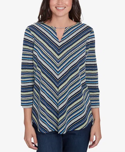 Ruby Rd. Petite Pebble Stripe Knit Three Quarter Sleeve Top In True Navy Multi