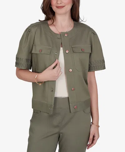 Ruby Rd. Petite Pleated Short-sleeve Soft Denim Jacket In Green