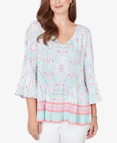 Ruby Rd. Petite Pleated Tapestry Print Bell Sleeve Blouse In Multi