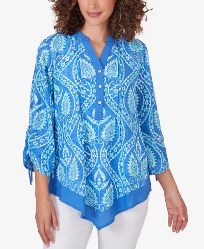 Ruby Rd. Petite Polynesian Bali Pull Over Pointed Hem Top In Blue Moon