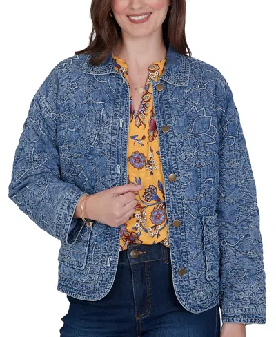 Ruby Rd. Petite Quilted Floral Denim Jacket In Light Indigo