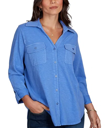 Ruby Rd. Petite Rib Trim Button-front Knit Top In Blue Bird