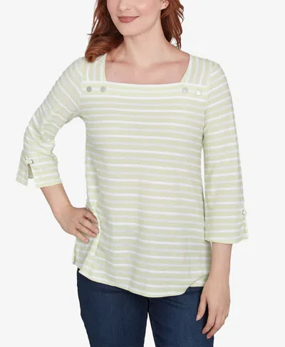 Ruby Rd. Petite Ribbon Stripe Laced Sleeve Top In Avocado Multi