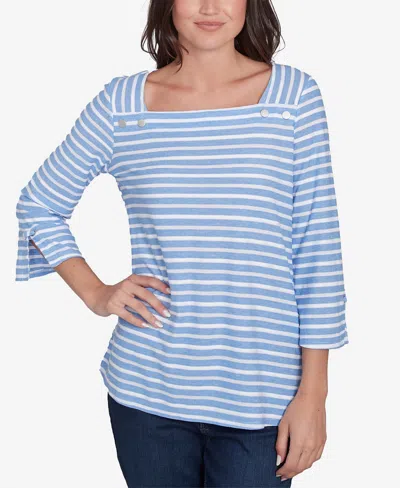Ruby Rd. Petite Ribbon Stripe Laced Sleeve Top In Azure Multi