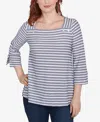 Ruby Rd. Petite Ribbon Stripe Laced Sleeve Top In True Navy Multi