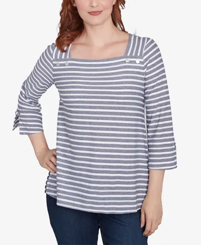 Ruby Rd. Petite Ribbon Stripe Laced Sleeve Top In True Navy Multi