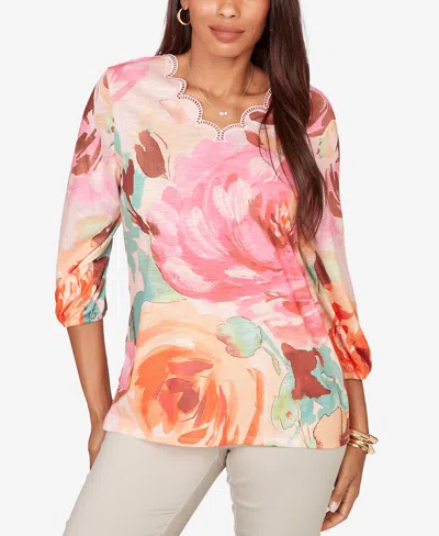 Ruby Rd. Petite Scalloped Neck Bold Floral Knit Top In Multi
