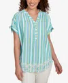 Ruby Rd. Petite Scalloped Stripe Embroidered Tie Sleeve Top In Green