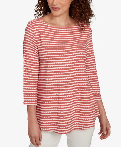 Ruby Rd. Petite Scalloped Texture Stripe Top In Red