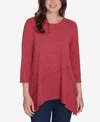 Ruby Rd. Petite Scoop Neck Solid Hatchi Knit Sharkbite Top With Fabric Splicing Detail In Ruby
