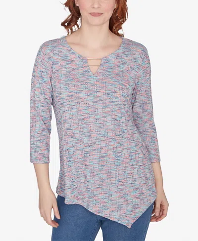 Ruby Rd. Petite Scoop Neck Spacedye Knit Top With Bar Detail In Terra Cotta Multi