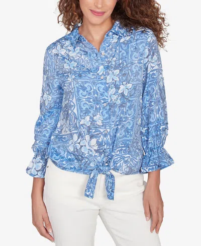 Ruby Rd. Petite Silky Floral Tile Button Tie Front Top