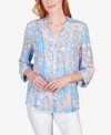 RUBY RD. PETITE SILKY GAUZE PATIO PARTY PATCHWORK BUTTON FRONT TOP