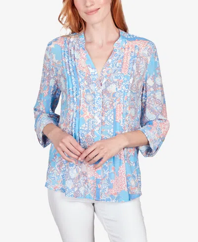 Ruby Rd. Petite Silky Gauze Patio Party Patchwork Button Front Top In Capri Blue Multi
