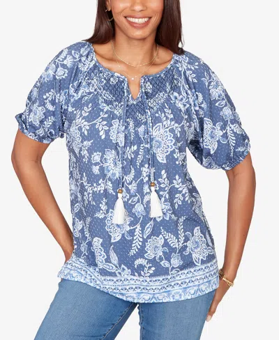 Ruby Rd. Petite Smocked Floral Clip Dot Top In Blue