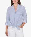 Ruby Rd. Petite Snap Front Tie Hem Pucker Stripe Top In Blue