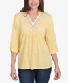 Ruby Rd. Petite Soft Relaxed Textured Trim V-neck Top In Lemon