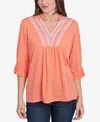 Ruby Rd. Petite Soft Relaxed Textured Trim V-neck Top In Orange Pop