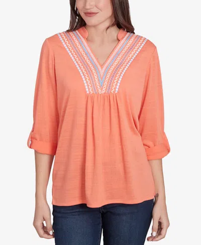 Ruby Rd. Petite Soft Relaxed Textured Trim V-neck Top In Orange Pop