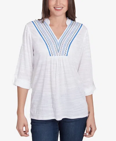 Ruby Rd. Petite Soft Relaxed Textured Trim V-neck Top In White