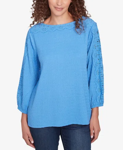 Ruby Rd. Petite Solid Textured Eyelet Sleeve Boat Neck Top In Blue