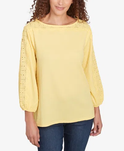 Ruby Rd. Petite Solid Textured Eyelet Sleeve Boat Neck Top In Yellow