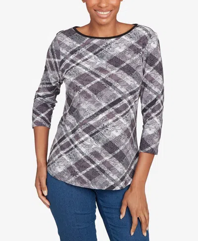 Ruby Rd. Petite Solid Tipped Plaid Knit Top In Gray