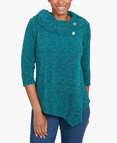 Ruby Rd. Petite Spacedye Chenille Split Cowl Neck Top In Green