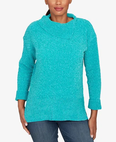 Ruby Rd. Petite Split Cowl Chenille Pullover Sweater In Blue