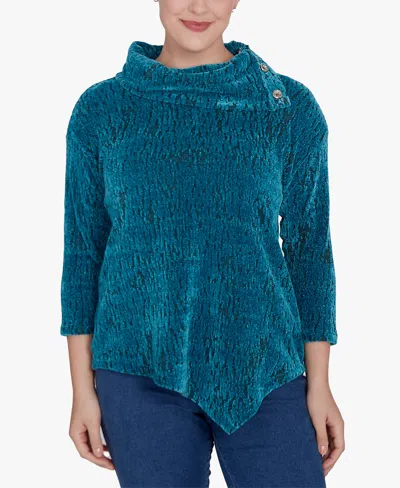 Ruby Rd. Petite Split Cowl Neck Chenille Jacquard Knit Top In Jade Multi
