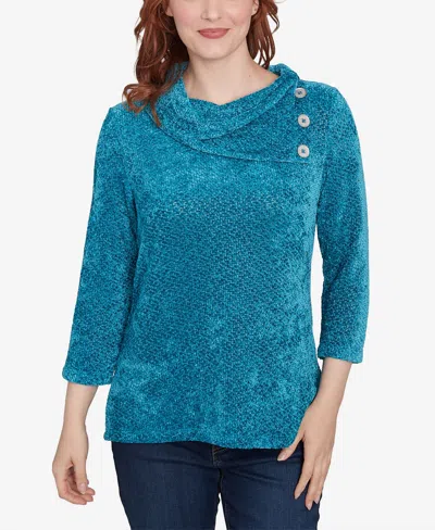 Ruby Rd. Petite Split Cowl Neck Chenille Shine Knit Top In Jade