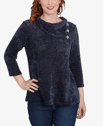Ruby Rd. Petite Split Cowl Neck Chenille Shine Knit Top In Navy