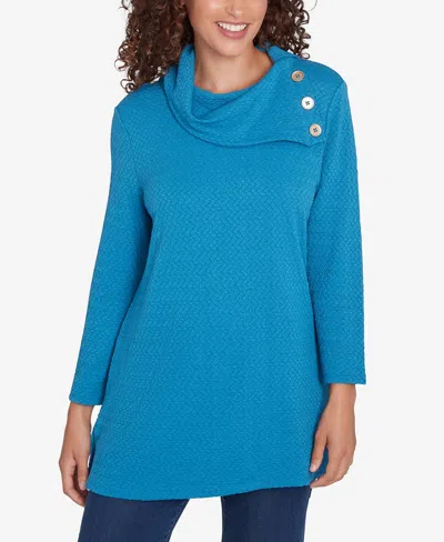 Ruby Rd. Petite Split Cowl Neck Solid Textural Knit Top In Porcelain Blue