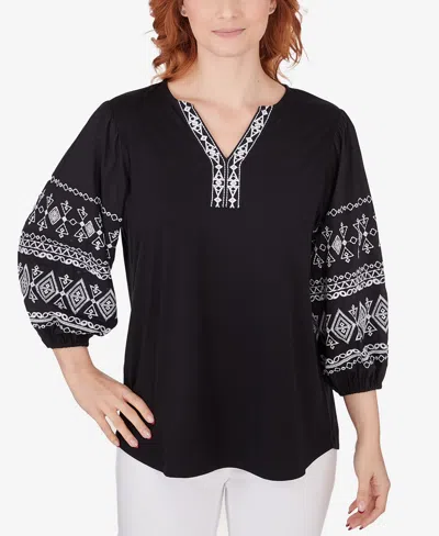 Ruby Rd. Petite Split Neck Embroidered 3/4 Sleeve Knit Top In Black