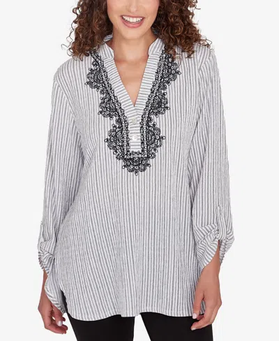 Ruby Rd. Petite Split Neck Embroidered Puckered Stripe Top In Gray