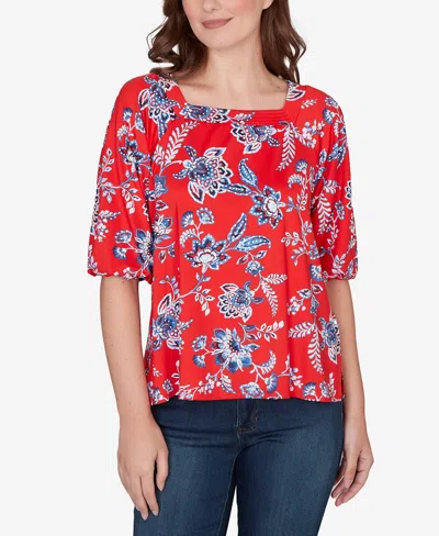 Ruby Rd. Petite Square Neck Floral Puff Print Top In Red