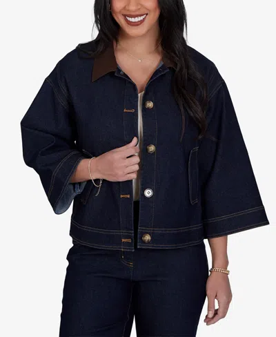 Ruby Rd. Petite Stretch Denim 3/4-sleeve Jacket In Blue