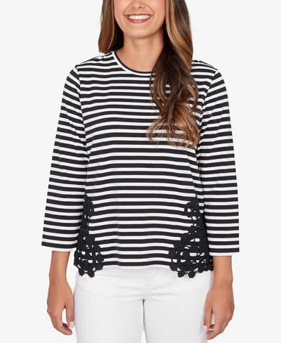 Ruby Rd. Petite Stripe Cotton Lace Applique Top In Black
