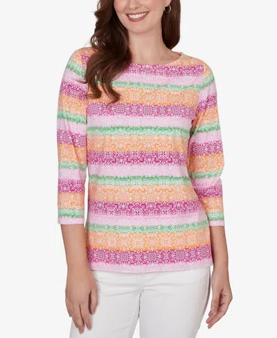 Ruby Rd. Petite Stripe Medallion Boat Neck Knit Top In Multi