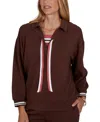 Ruby Rd. Petite Stripe Trim Drawstring Pullover Top In Dark Chocolate