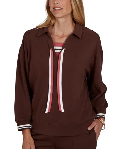 Ruby Rd. Petite Stripe Trim Drawstring Pullover Top In Brown