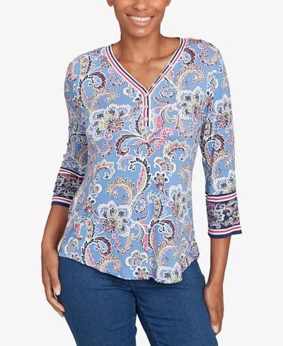 Ruby Rd. Petite Stripe Trim Paisley Henley Top In Blue