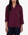 Ruby Rd. Petite Striped 3/4-sleeve Henley Collar Blouse In Fig
