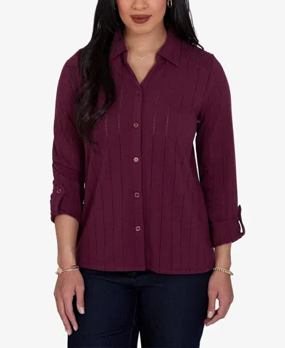 Ruby Rd. Petite Striped 3/4-sleeve Henley Collar Blouse In Fig