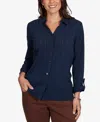 Ruby Rd. Petite Striped 3/4-sleeve Henley Collar Blouse In Navy
